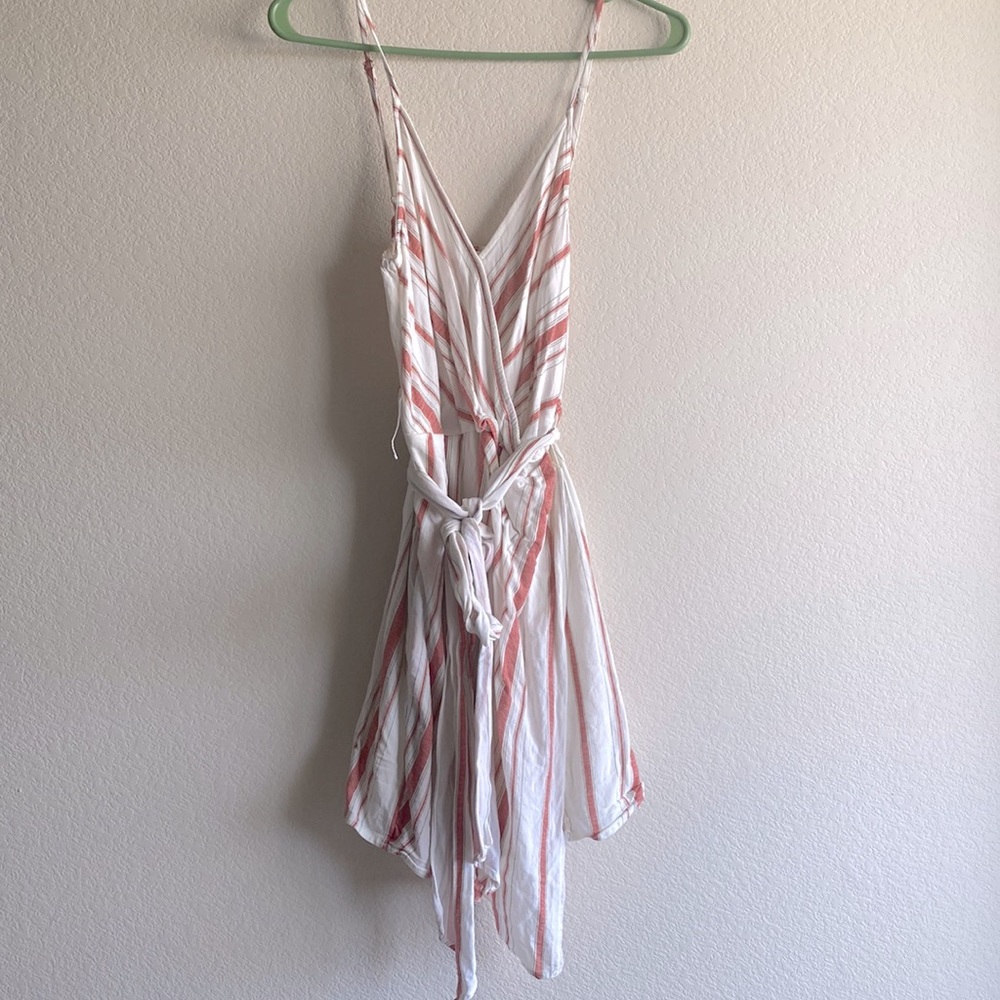 E&M Off-white and red striped asymmetrical spaghetti strap mini dress